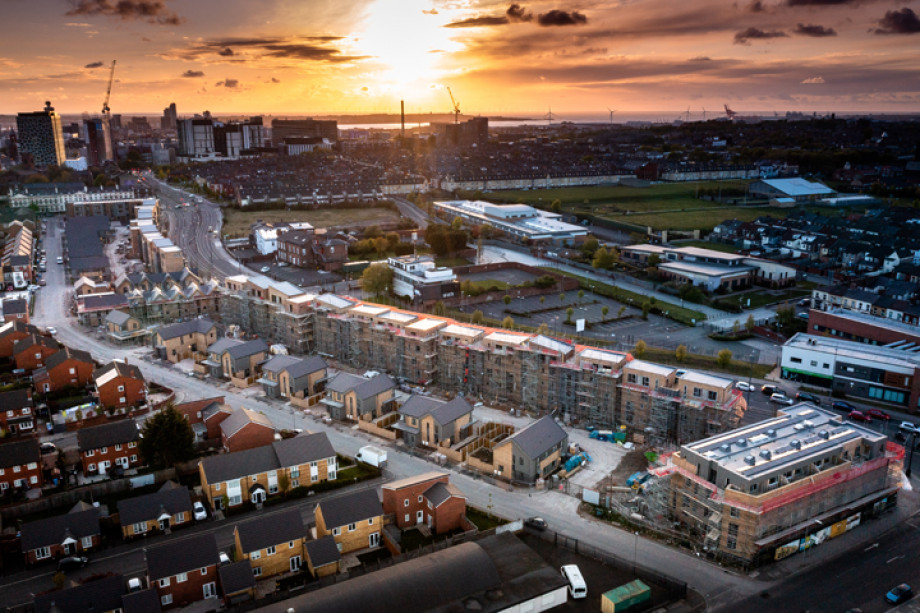 Aerial shot of a development on Edge Lane in Liverpool at sunset