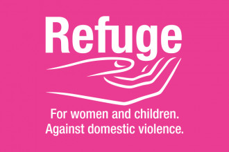 Logo for Refuge with the words 'For women and children against domestic violence' beneath it